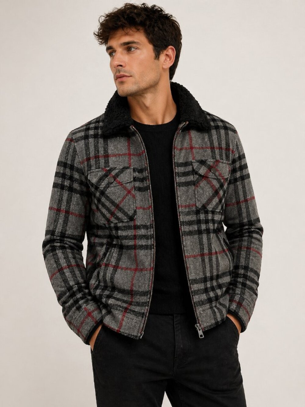 WESC Sherpa Collar Plaid Jacket Gray Red Check Zip Up Women’s L / Men’s M